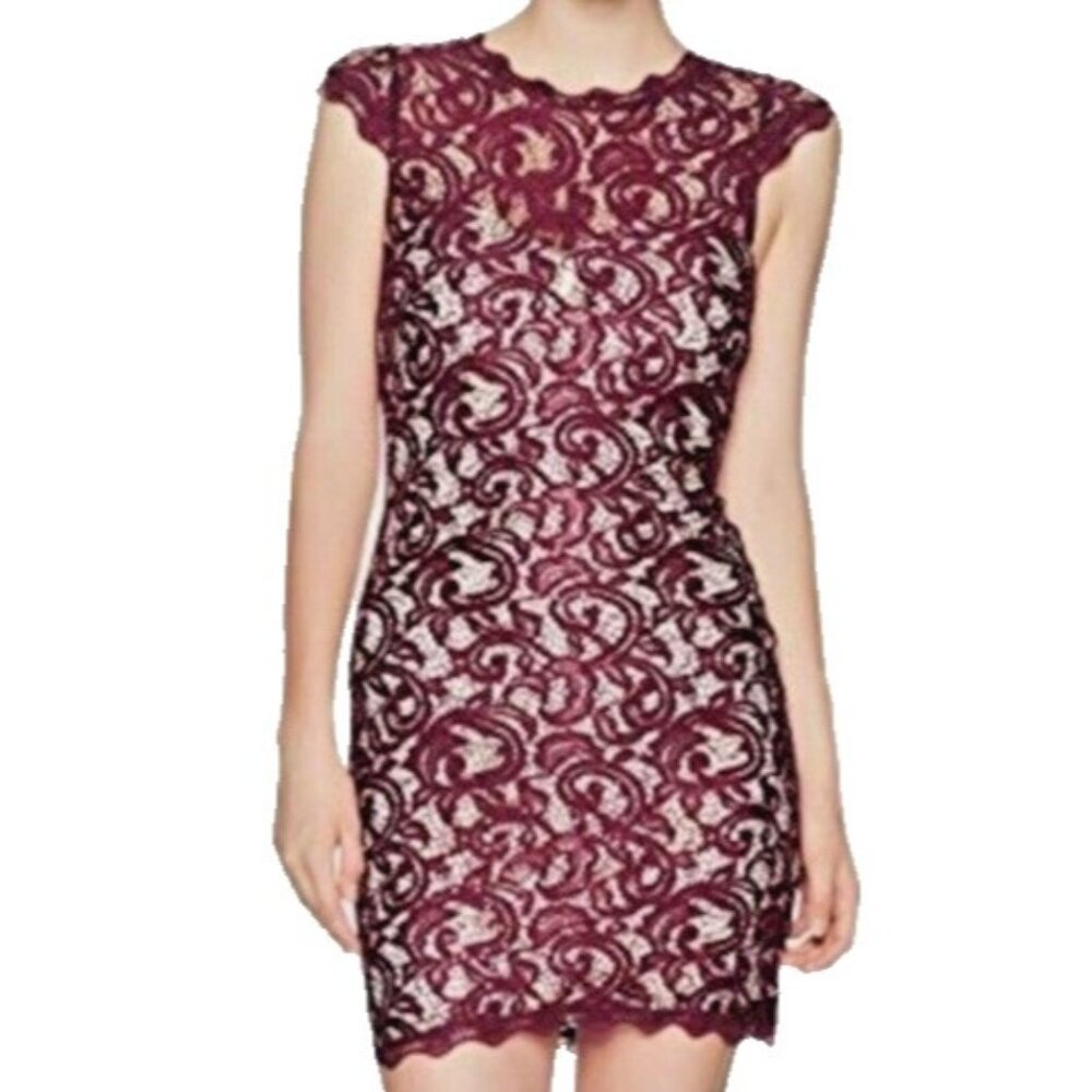 Sequin hearts Lace mini Dress Womens Size 5 Maroon Short Sleeve Party Cocktail